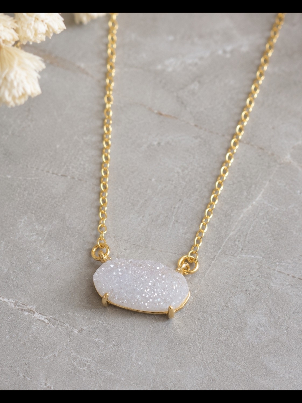 Sparkly White Natural Druzy Necklace 18KGP Dainty Gold Layering Necklace Hexagon